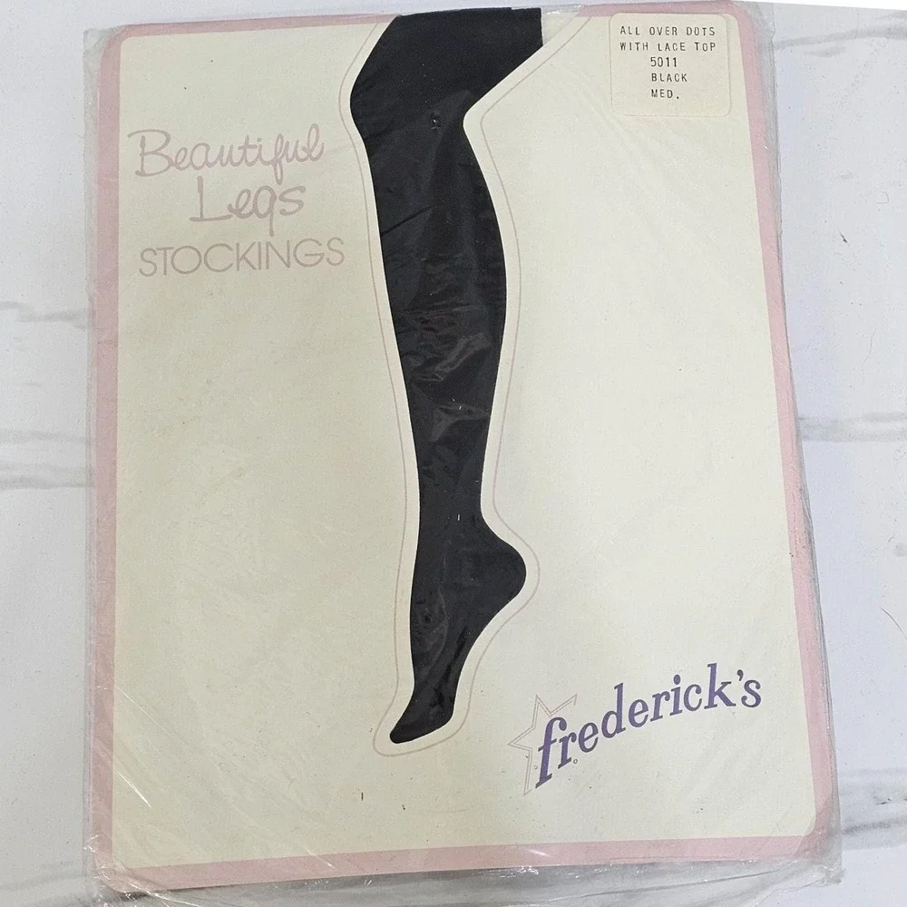 Vintage Fredericks Hollywood Dot Ruffle Top Thigh Highs Black Nylon M USA‎ NOS